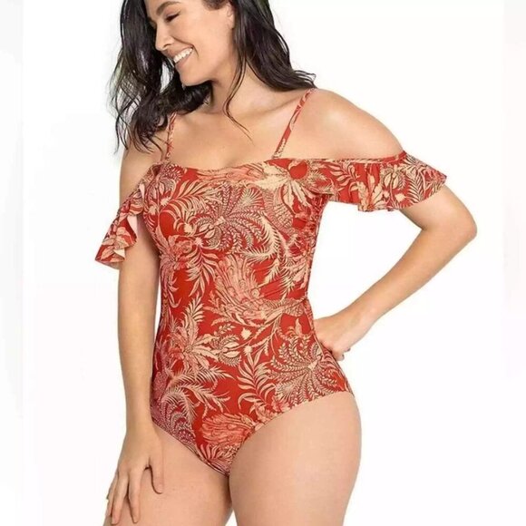 New Leonisa Orange Floral Off-Shoulder Ruffle One Piece Swimsuit 37747 - Picture 1 of 12